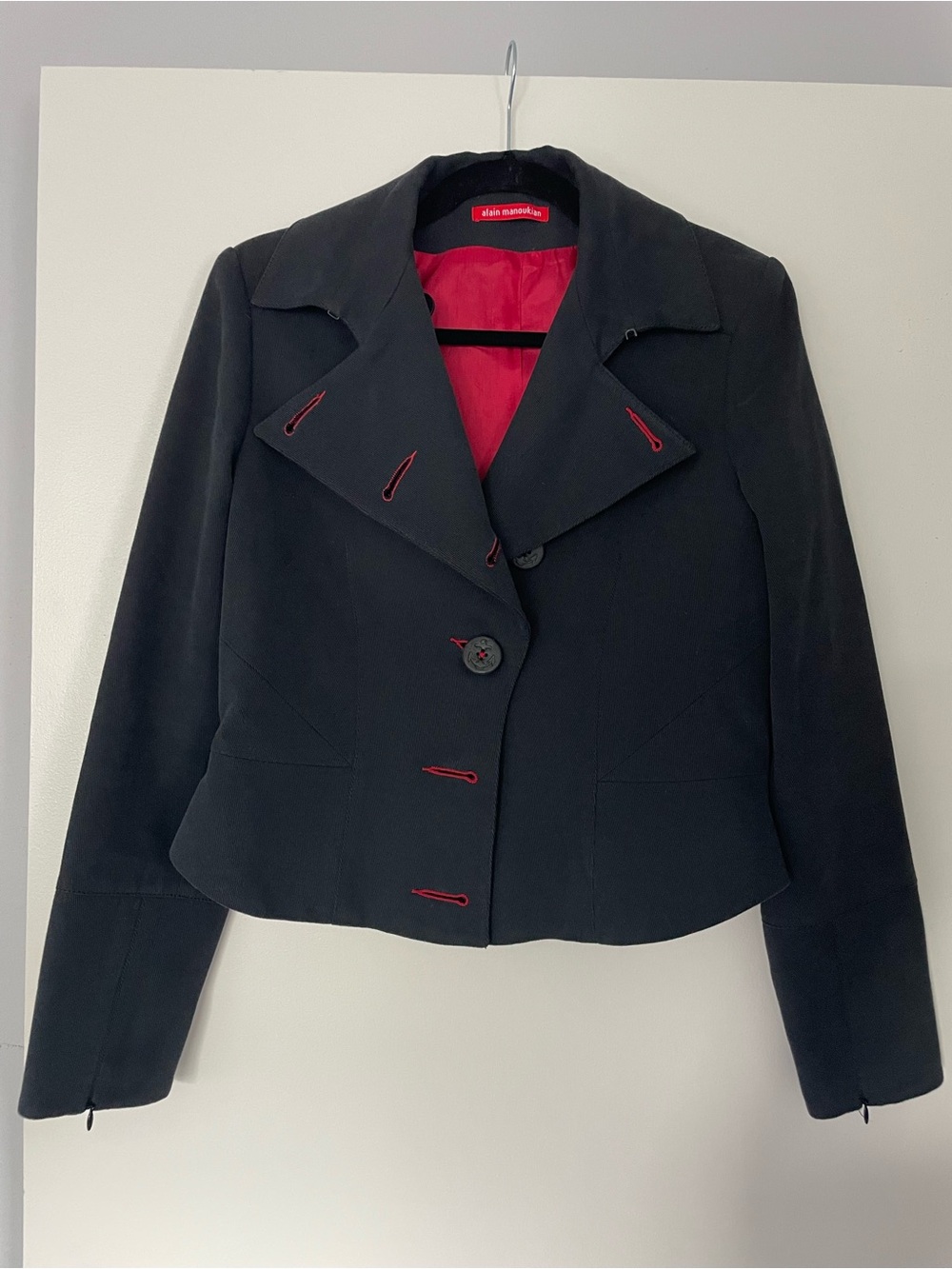 Women's Vintage Blue-Black French Military Blazer with Red Contrast Trim